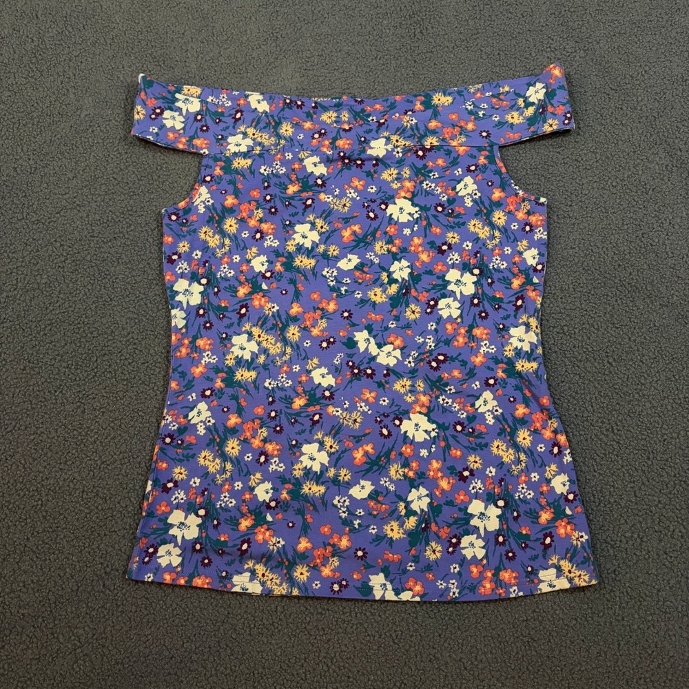 ModCloth Top Womens L Purple Floral Off the Shoulder Bardot Button Back Stretch